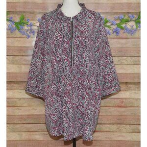 Catherines Red Black Print 3/4 Sleeve Blouse Top Size 2X 22/24W Half Zip Tunic